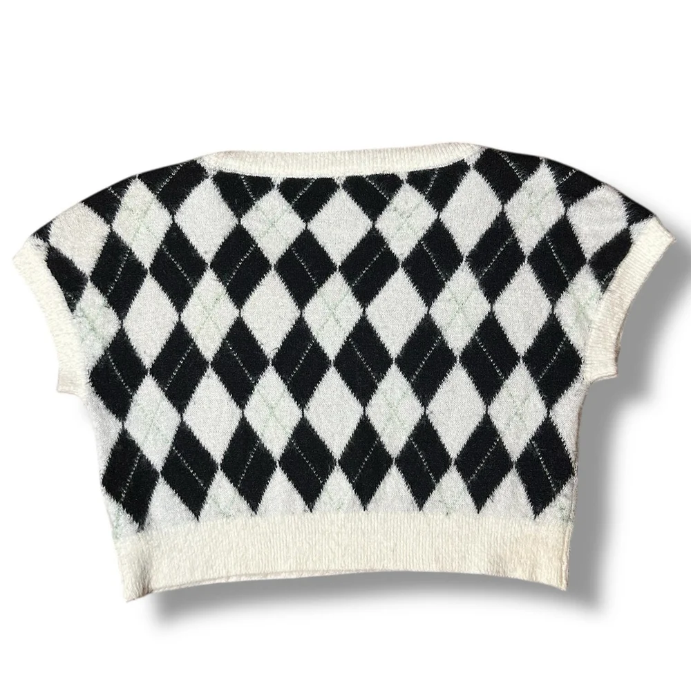 Free People SM Through The Motions Vest Cream Black Eyelash Knit V Neck Argyle